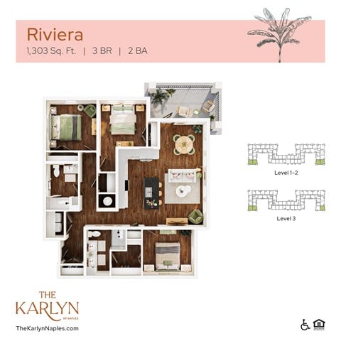 Floor plan for 3 beds, 2 baths, 1303 sqft